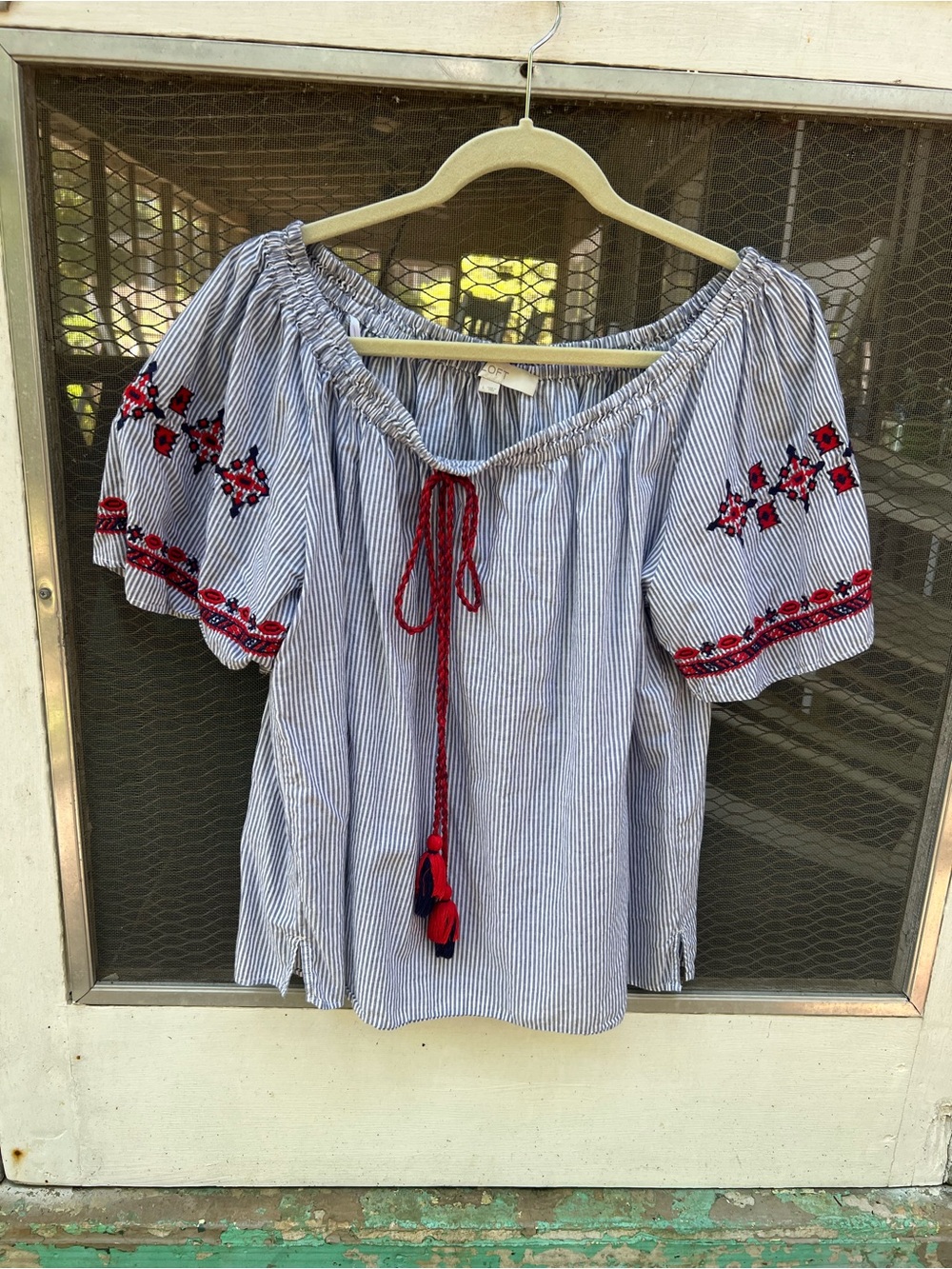 LOFT Blue and Red Striped Off-Shoulder Embroidered Blouse
